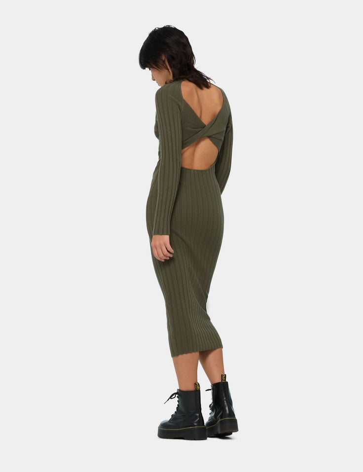 Robe longue côtelée dos nu vert olive