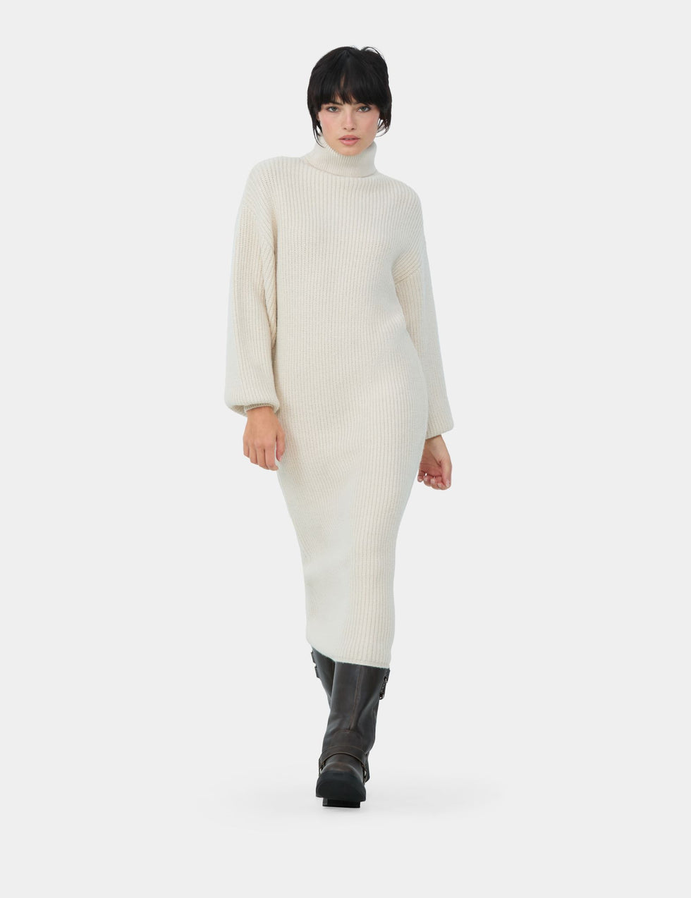 Longue robe d'hiver maille côtelée, crème