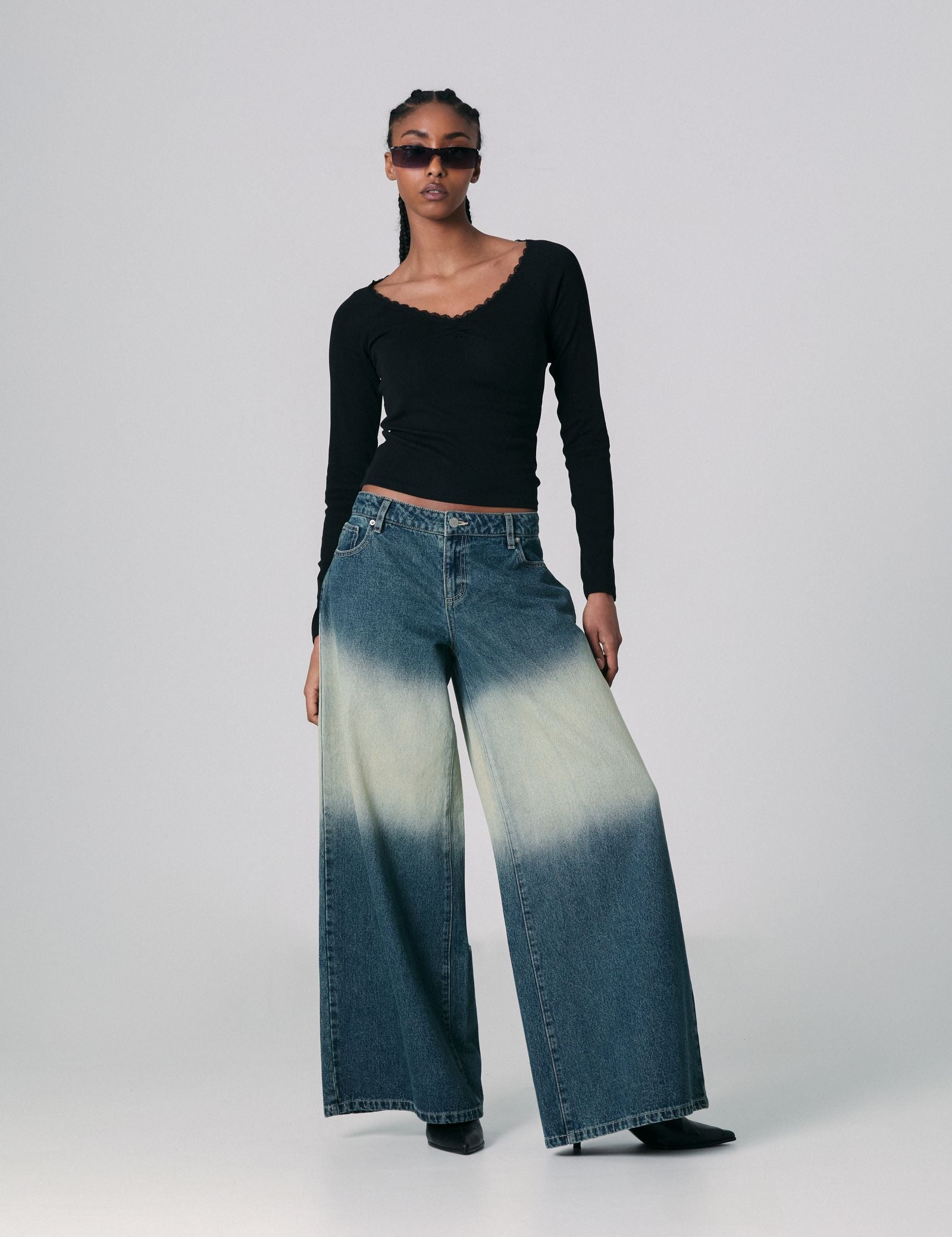 Jean délavé maxi wide leg taille basse bleu