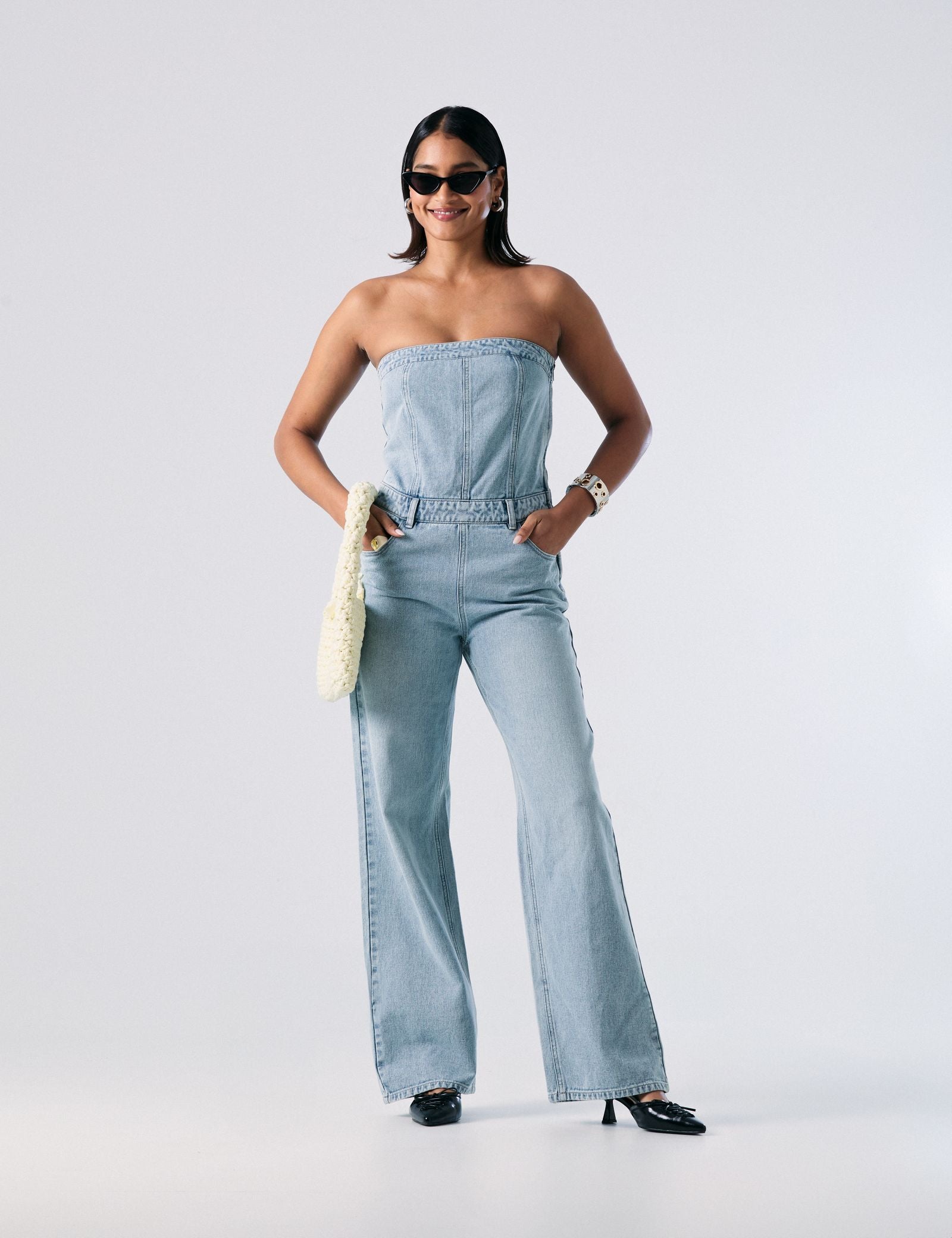 Combinaison bustier en jean bleu