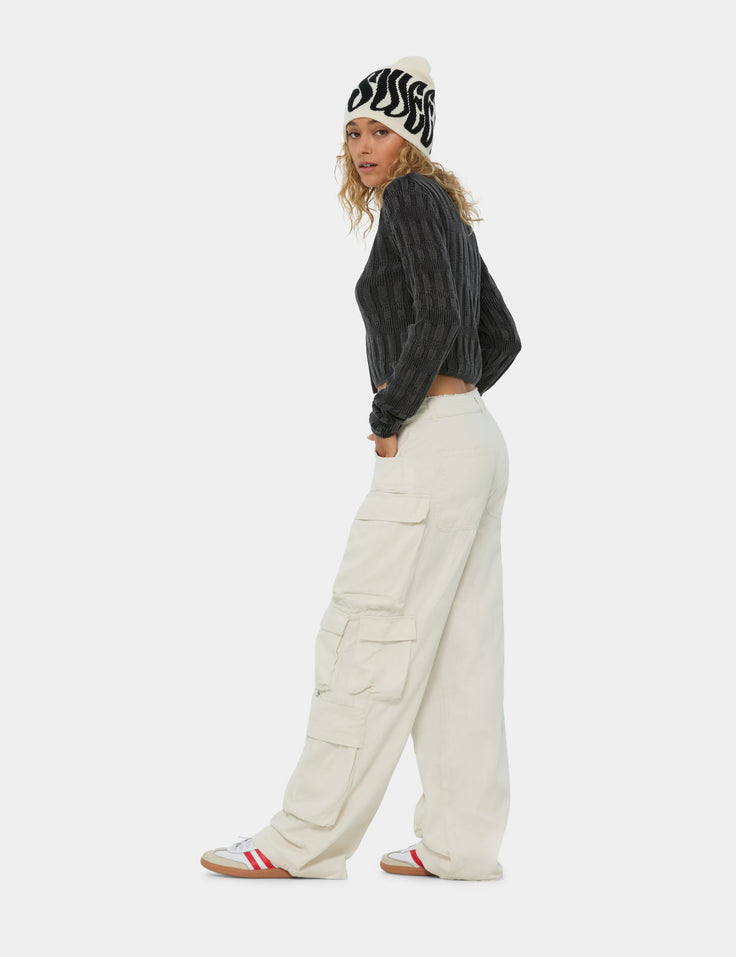 Pantalon cargo Wide Leg taille basse crème