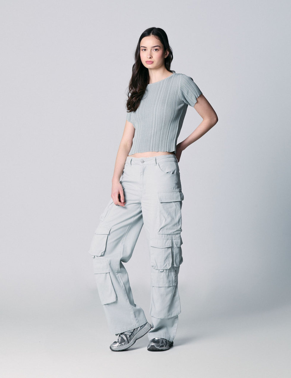 Pantalon cargo Wide Leg taille basse vert clair