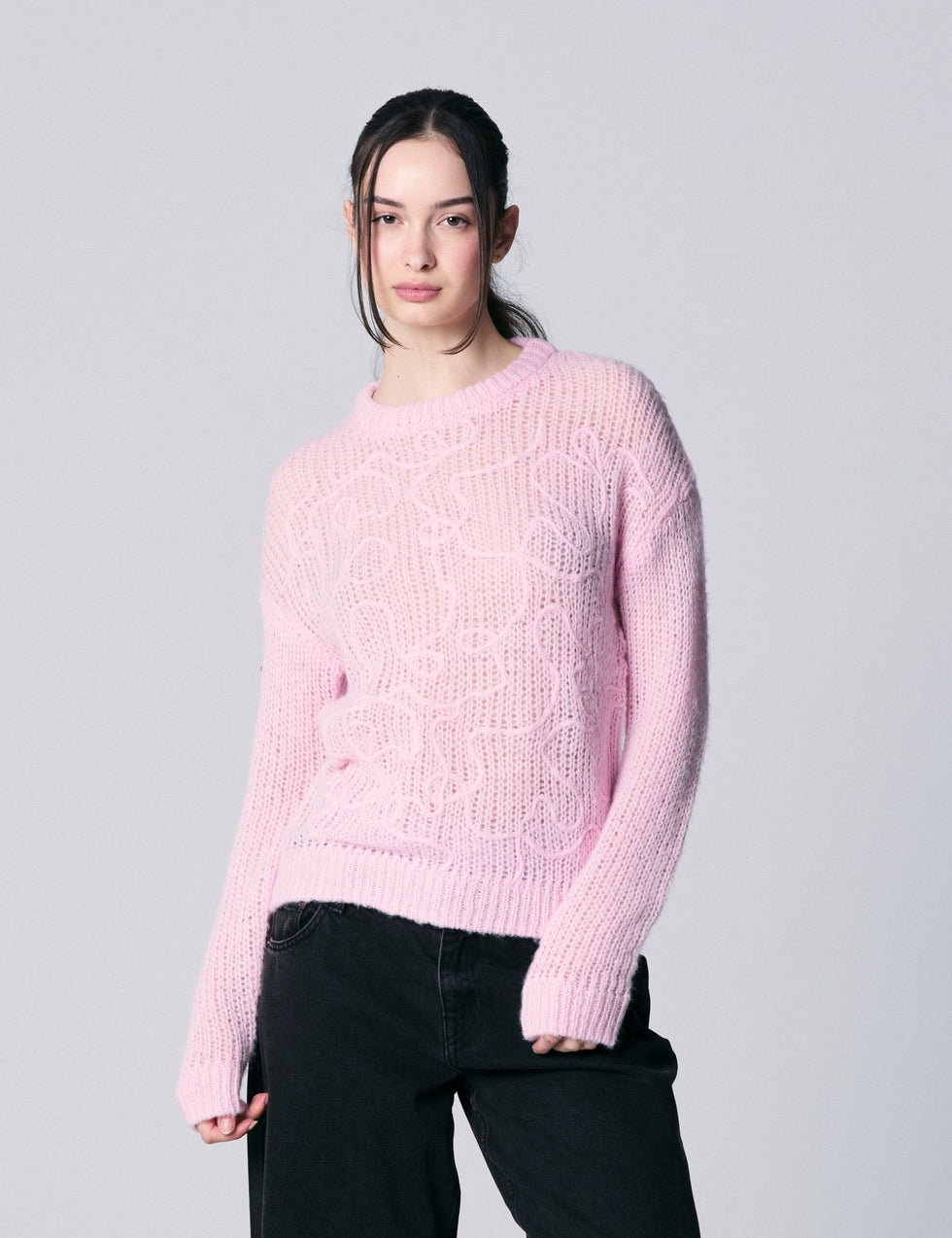 Pull léger ajouré rose