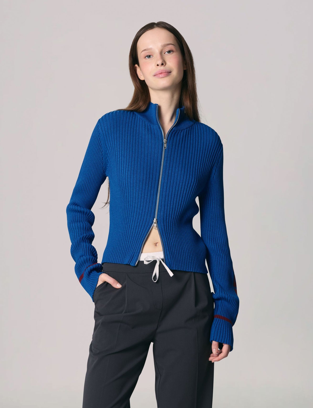 Gilet zippé en maille bleu ocean - Image 1