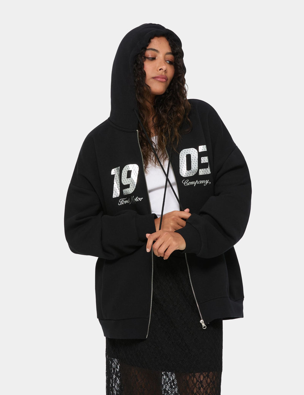 Sweat oversize Ford x Jennyfer zippée à message noir