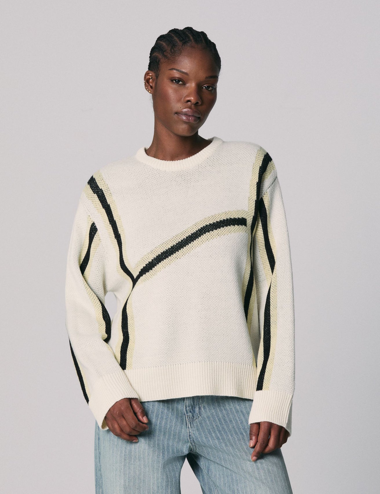 Pull en maille avec rayures sable - Image 1