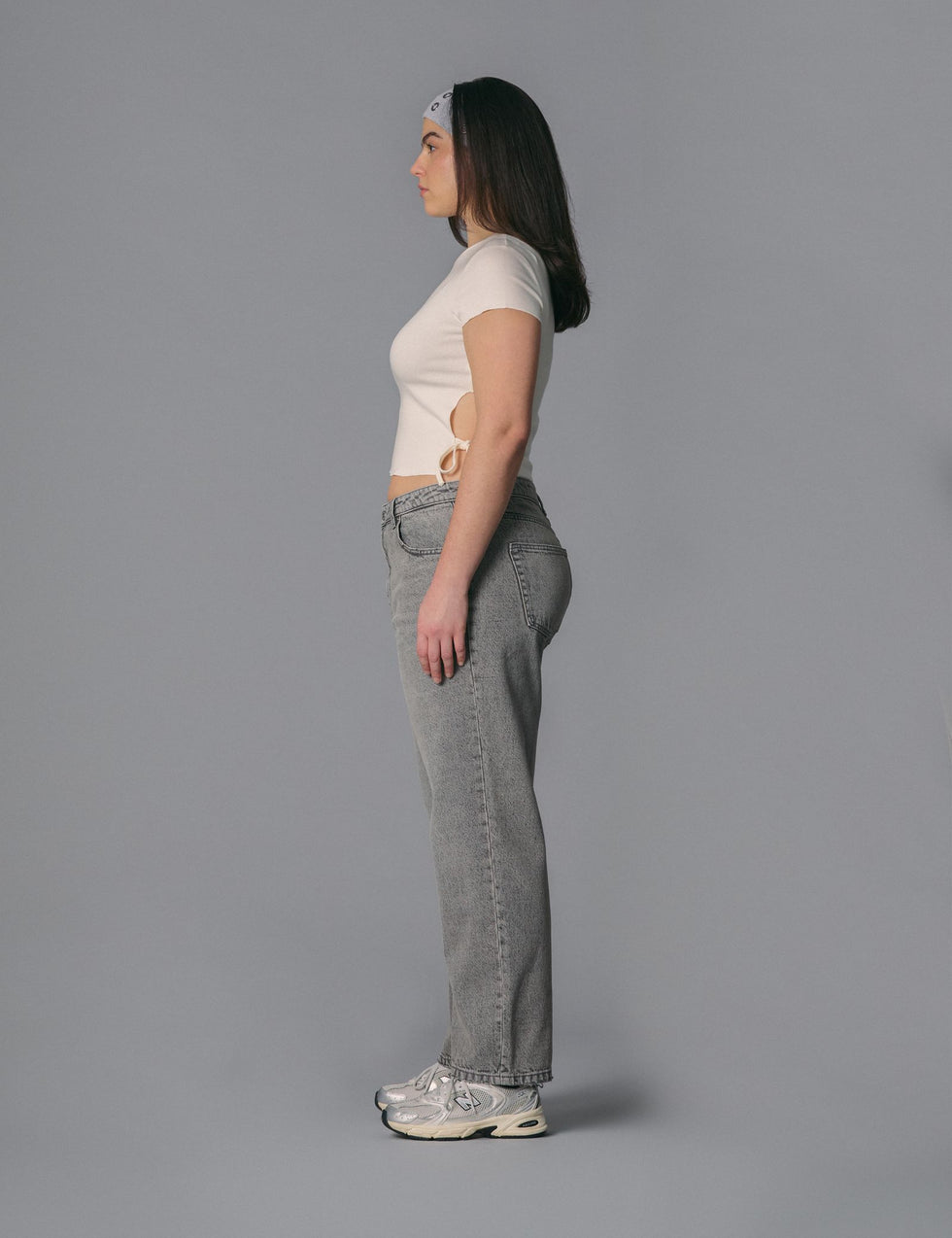 Jean mom taille haute gris