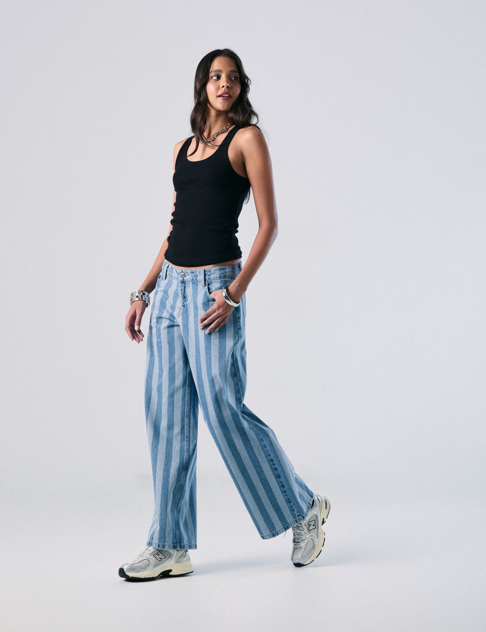 Jean rayé wide leg taille médium bleu