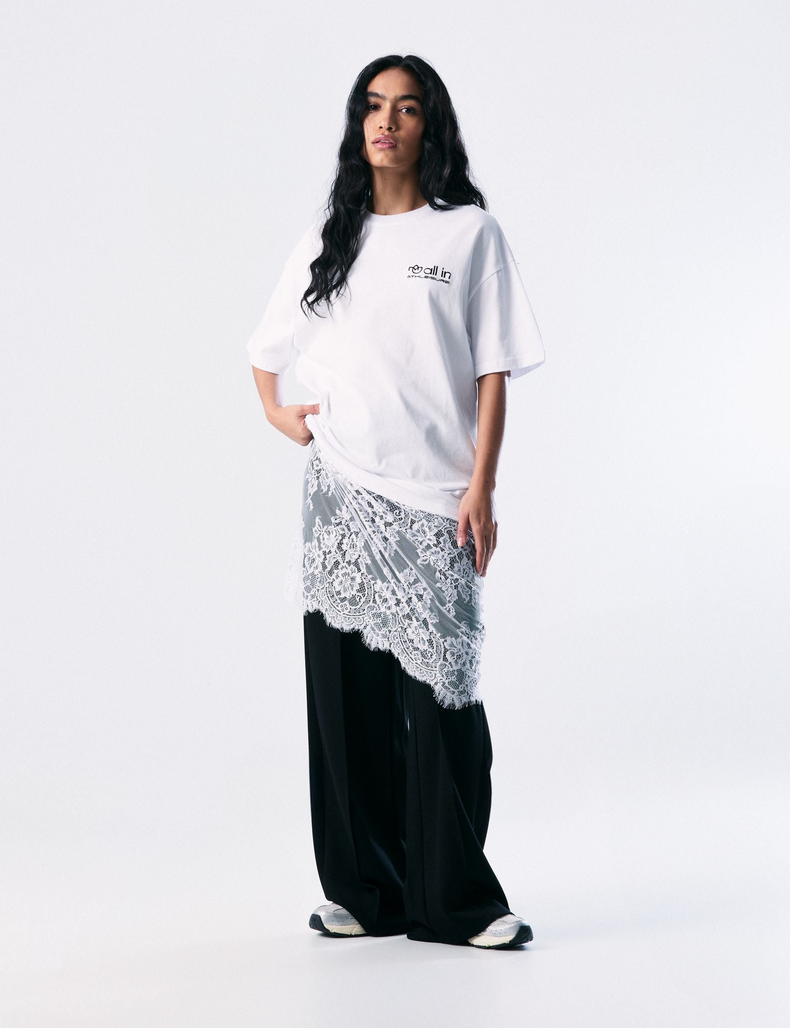 T-shirt oversize avec dentelle blanc