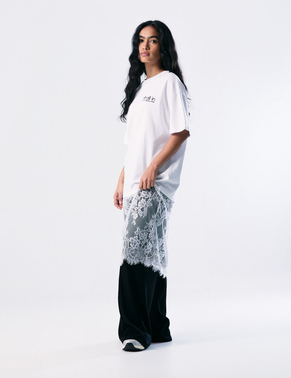 T-shirt oversize avec dentelle blanc